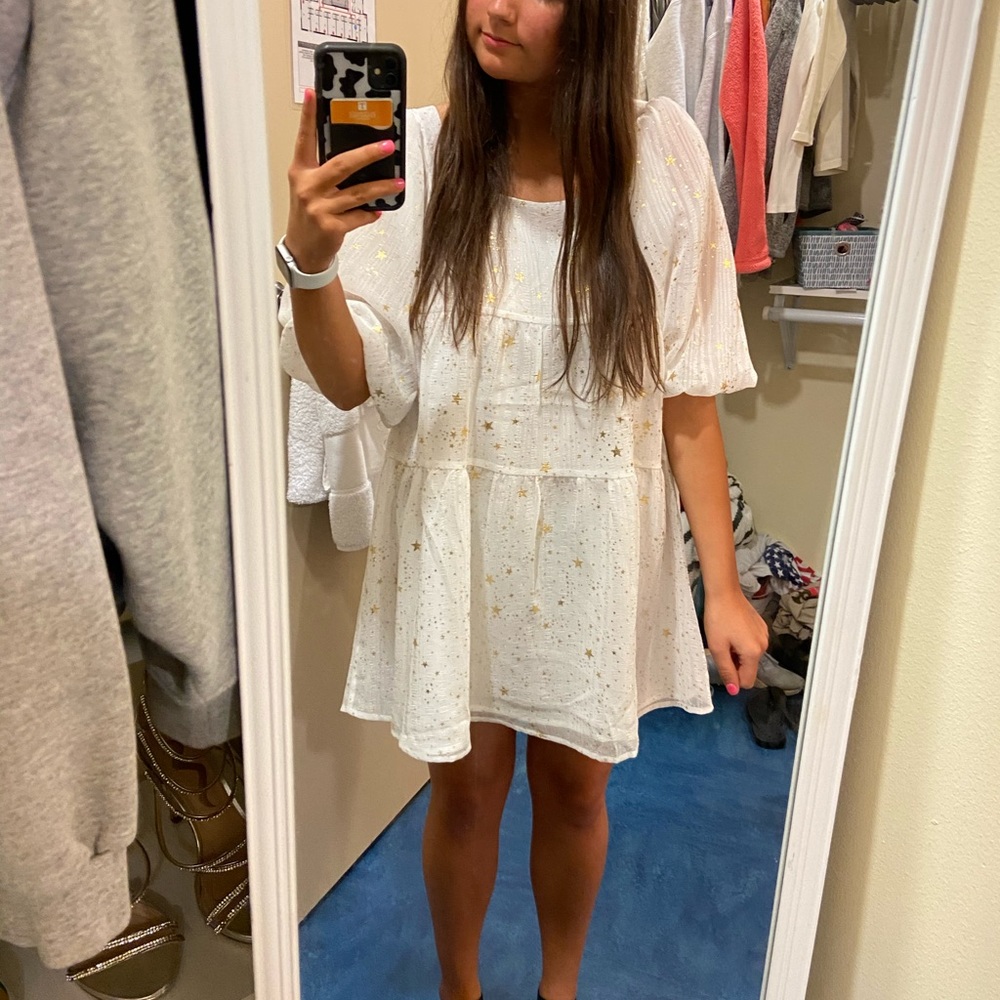 Nasty Gal White Mini Dress with Gold Star Print - Picture 2 of 8